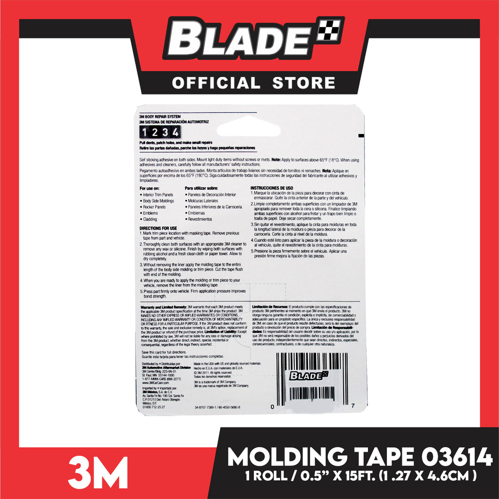 3M Super-Strength Molding Tape, 1/2 in x 15 ft, High Strength Double-Sided  Adhesive, Permanently Attaches Side Moldings, Trim and Emblems to Interior