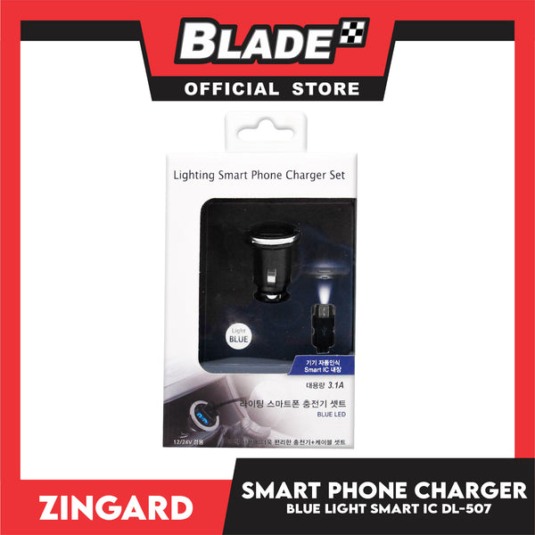 Zingard Car Charger Twin Port USB DL-507 Lighting Smart Phone Charger Blue Led 3.1A  for Android and iOS. Samsung, Huawei, Xiaomi, Oppo, iPhone series, iPad Series. Also compatible to other various digital devices