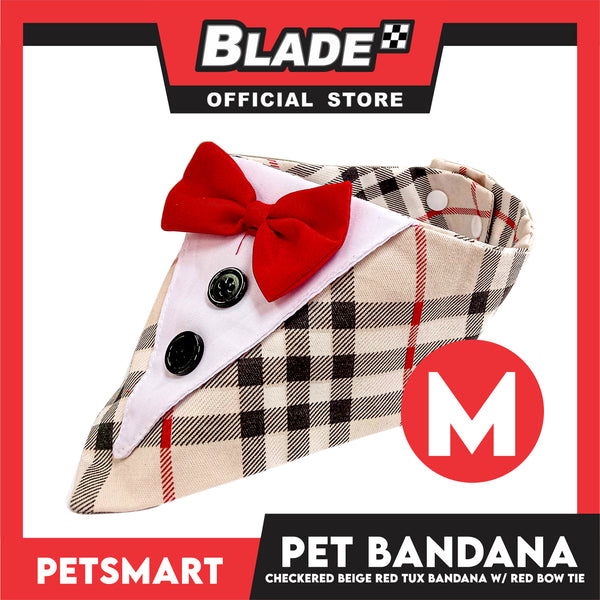 Pet Bandana Checkered Beige Red Tuxedo Bandana with Red Bow Tie Design (Medium) Perfect Fit for Dogs and Cats