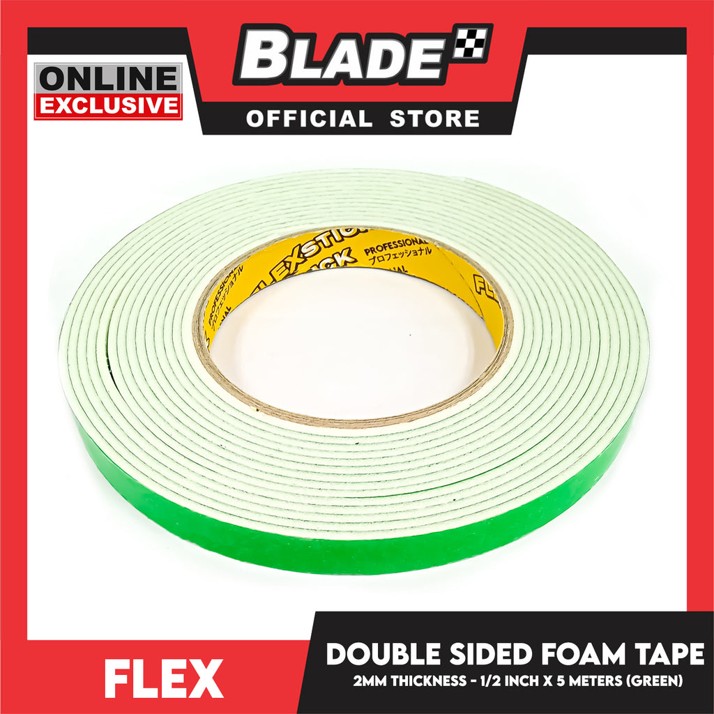 Flex Double Sided Foam Tape 3'' 2mm Thickness 1/2 inch x 5meters (Gree –