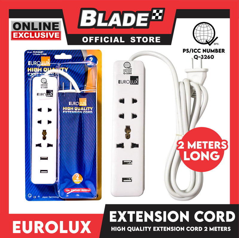 Eurolux 2Meters Extension Cord 3 Outlet 2 USB Periquet Universal Plug Wall Mount for Home Office and Dorm