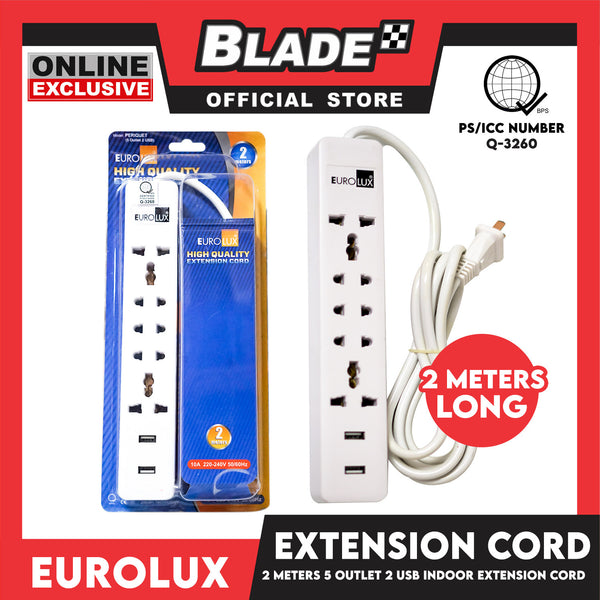 Eurolux 2Meters Extension Cord 5 Outlet 2 USB Periquet Universal Plug Wall Mount for Home Office and Dorm