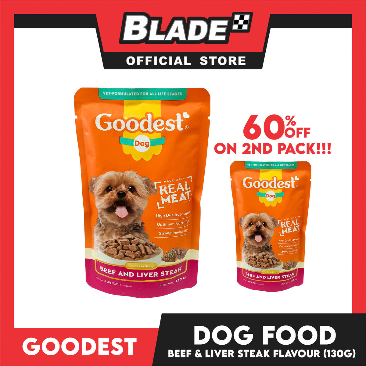 2pcs Goodest Dog Chunks in Gravy Beef and Liver Steak 130g Wet Dog Food Pouch