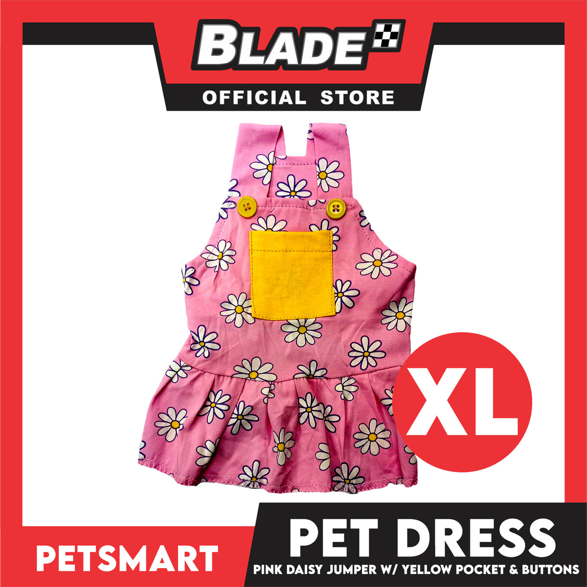Pet Dress Pink Daisy Jumper with Yellow Pocket and Buttons Perfect Fit for Dogs and Cats (XL)