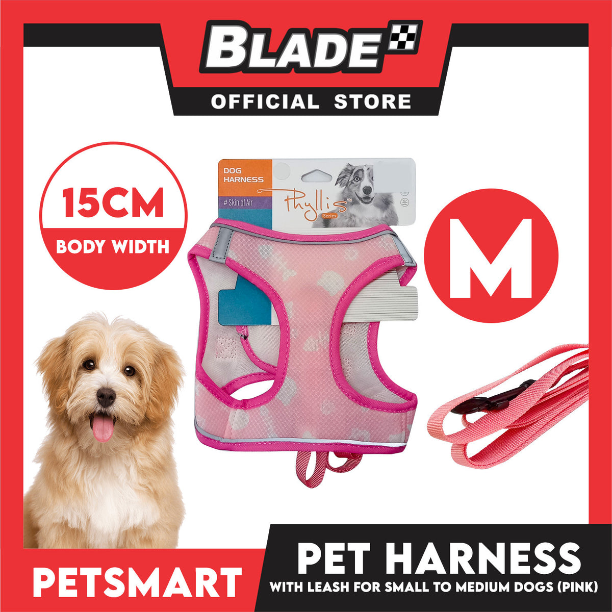 Pet Harness Pattern Design with Leash for Dogs Medium Size (Pink)