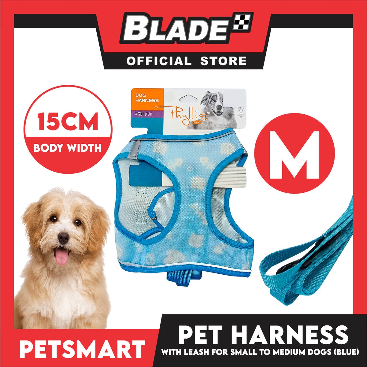 Pet Harness Pattern Design with Leash for Dogs Medium Size (Light Blue)
