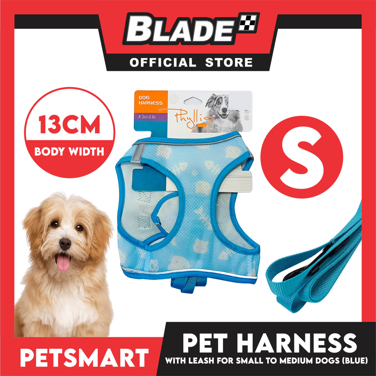 Pet Harness Pattern Design with Leash for Dogs Size (Light Blue)