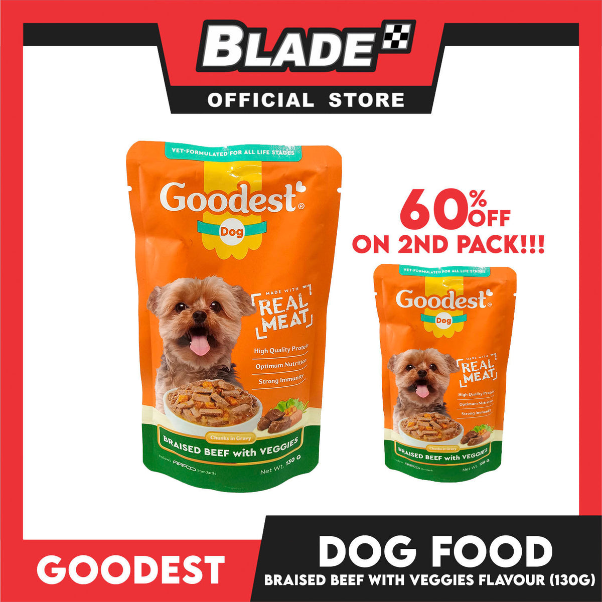 2pcs Goodest Dog Chunks in Gravy Braised Beef with Veggies 130g Wet Dog Food Pouch