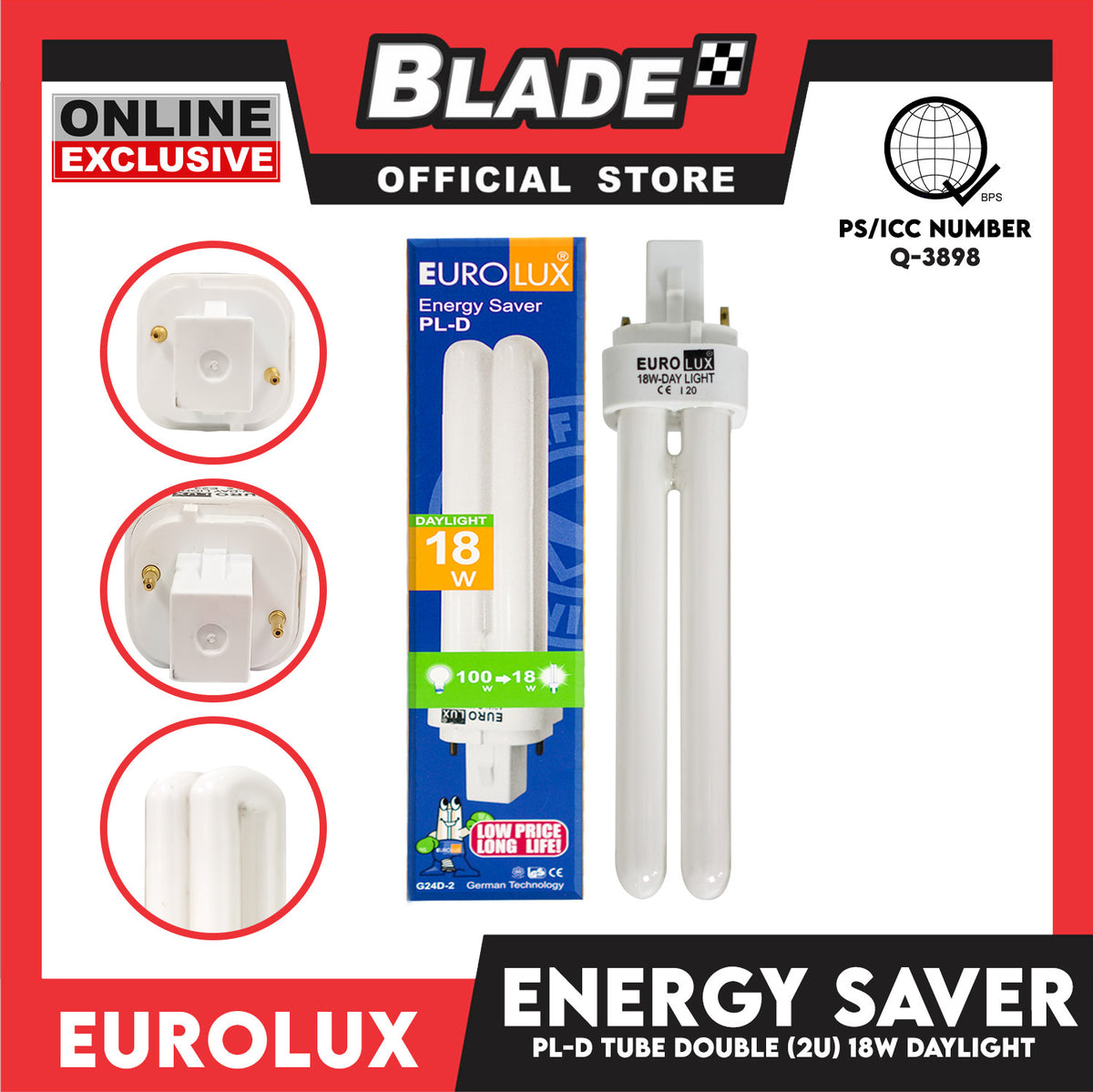 Eurolux Energy Saver Double Tube Bulb 2U  PL-D G24-2 18W (Daylight)