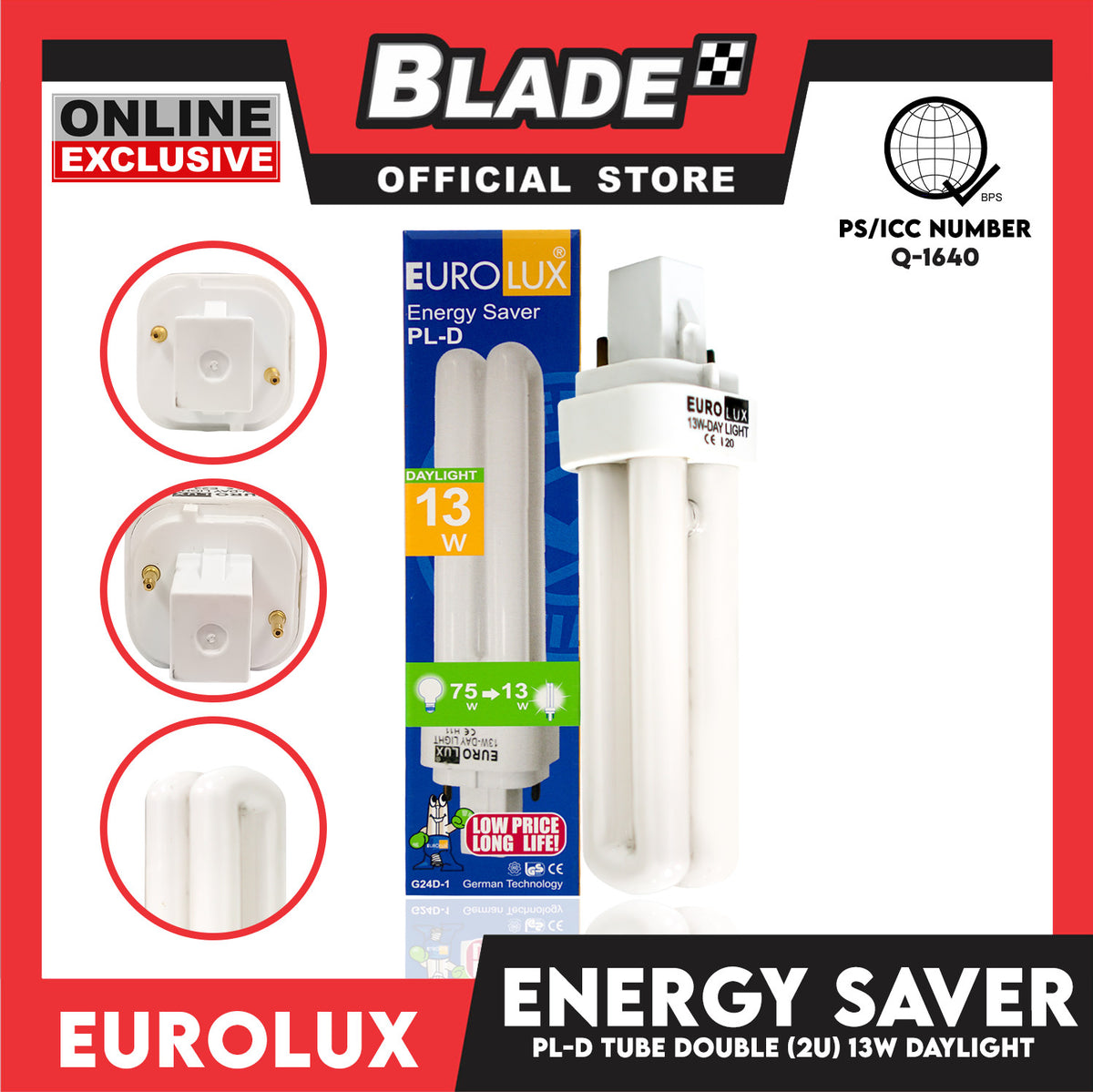 Eurolux Energy Saver Double Tube Bulb 2U  PL-D G24-1 13W (Daylight)