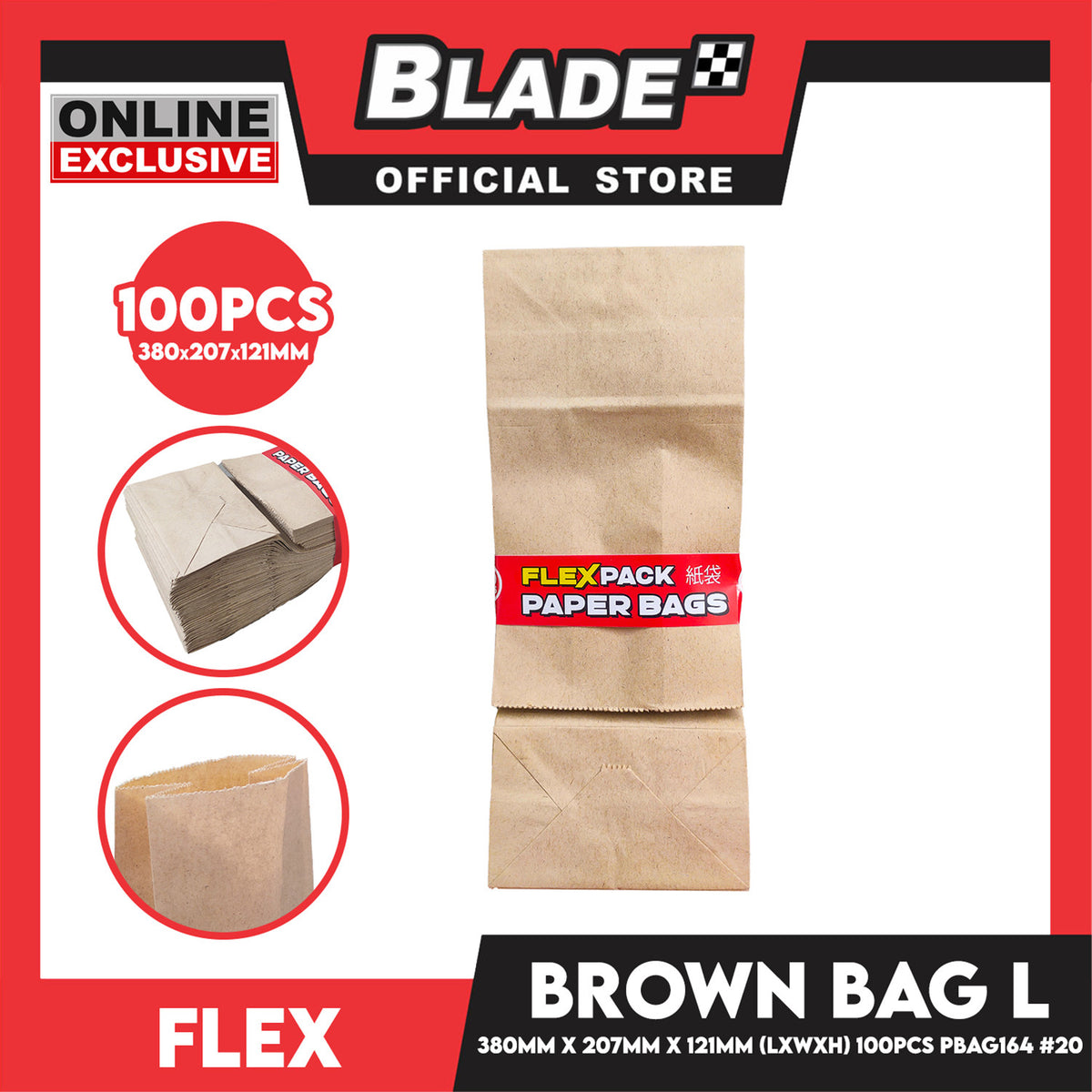 Flex Brown Paper Bag #20 Large 207mm x 380mm x 121mm (100pcs/pack) PBAG164