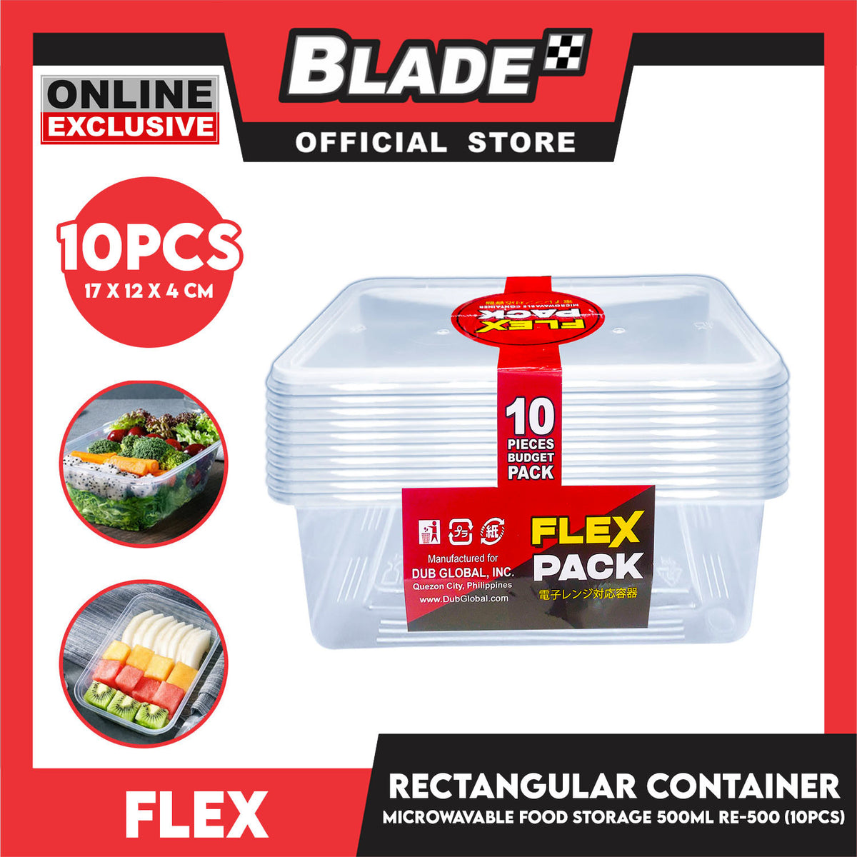 Flex Microwavable Container Rectangle Food Storage 500ml 17x12x4cm RE500 (Set of 10)