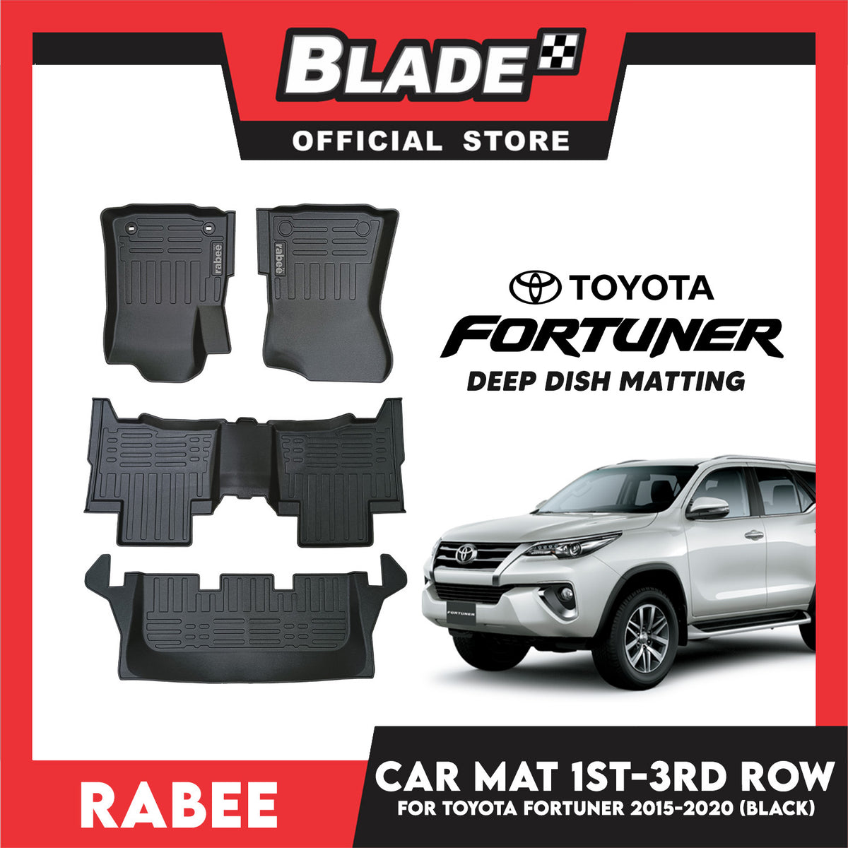 Rabee Car Matting for Toyota Fortuner 1st-3rd Row 2015-2020 (Black) Deep Dish Matting