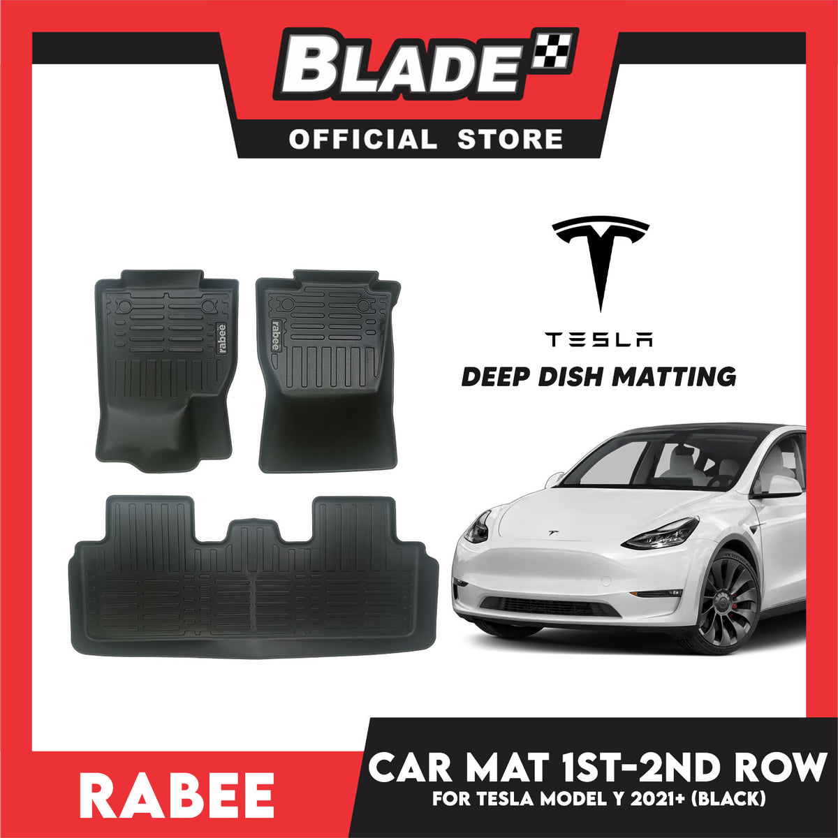 Rabee Car Matting for Tesla Model Y 1st-2nd Row 2021+ (Black) Deep Dish Matting