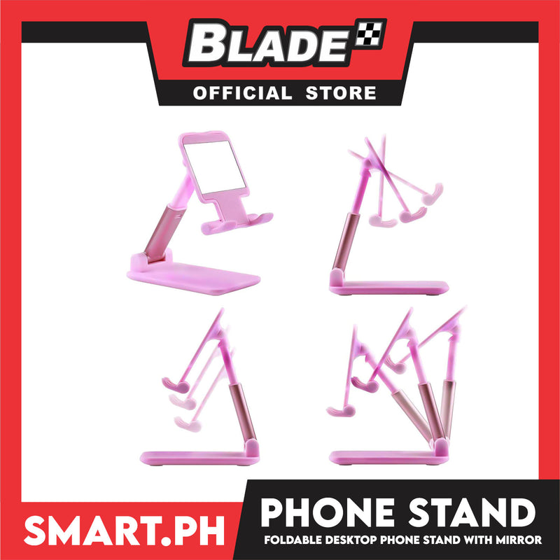 Foldable Desktop Phone Holder Stand With Mirror (Pink) Adjustable Smartphone Tablet Holder