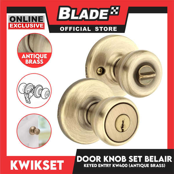 Kwikset Keyed Entry KW400 Door Knob Set Belair (Antique Brass)