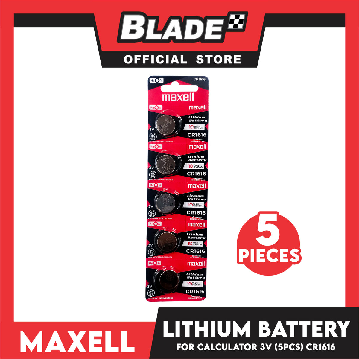 Maxell 3 Volt Lithium Battery CR1616 Coin Cell (Bundle of 5pcs)