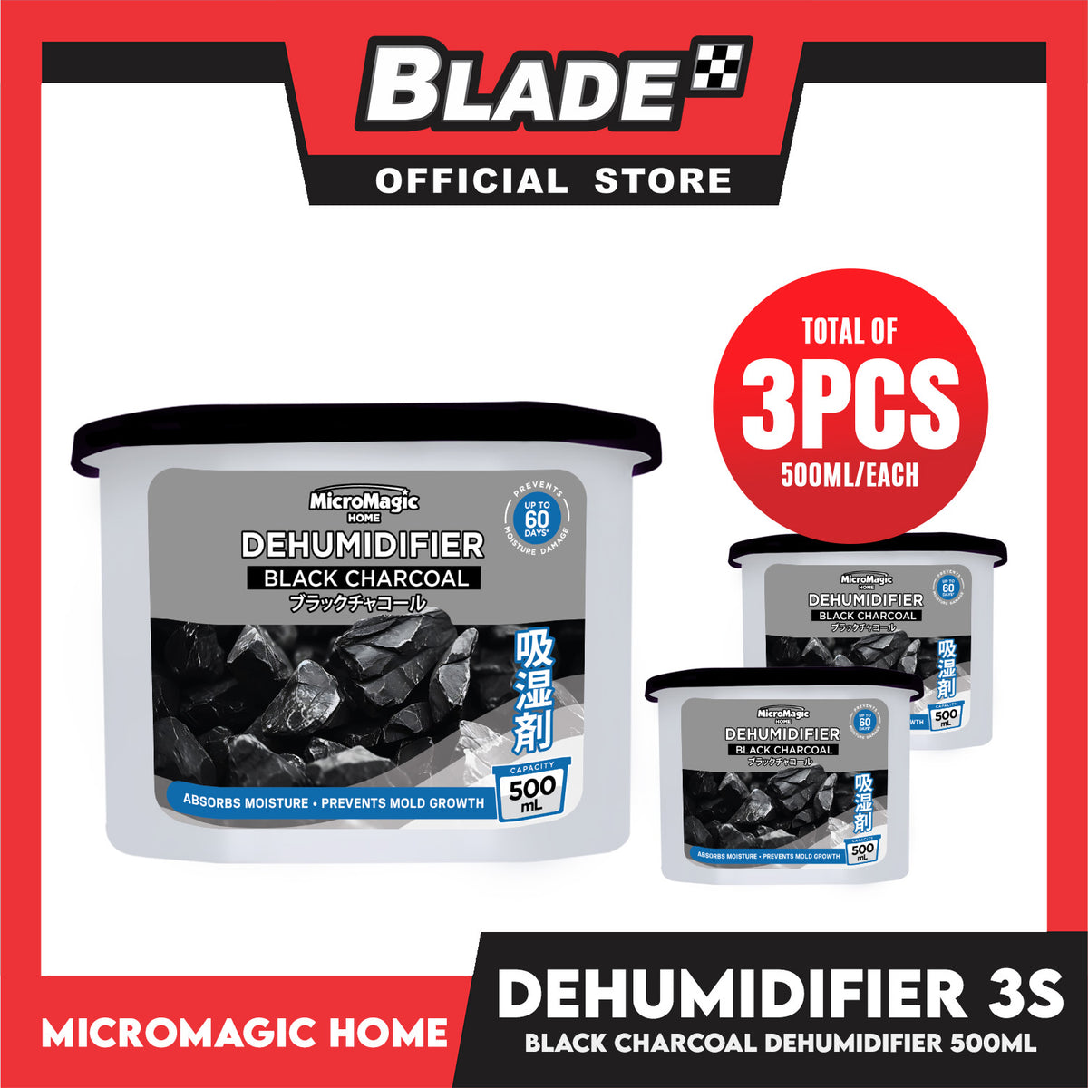 3pcs Micromagic Home Dehumidifier 500ml (Charcoal) Eliminates Musty Odor, Suitable For Your Car And Closets