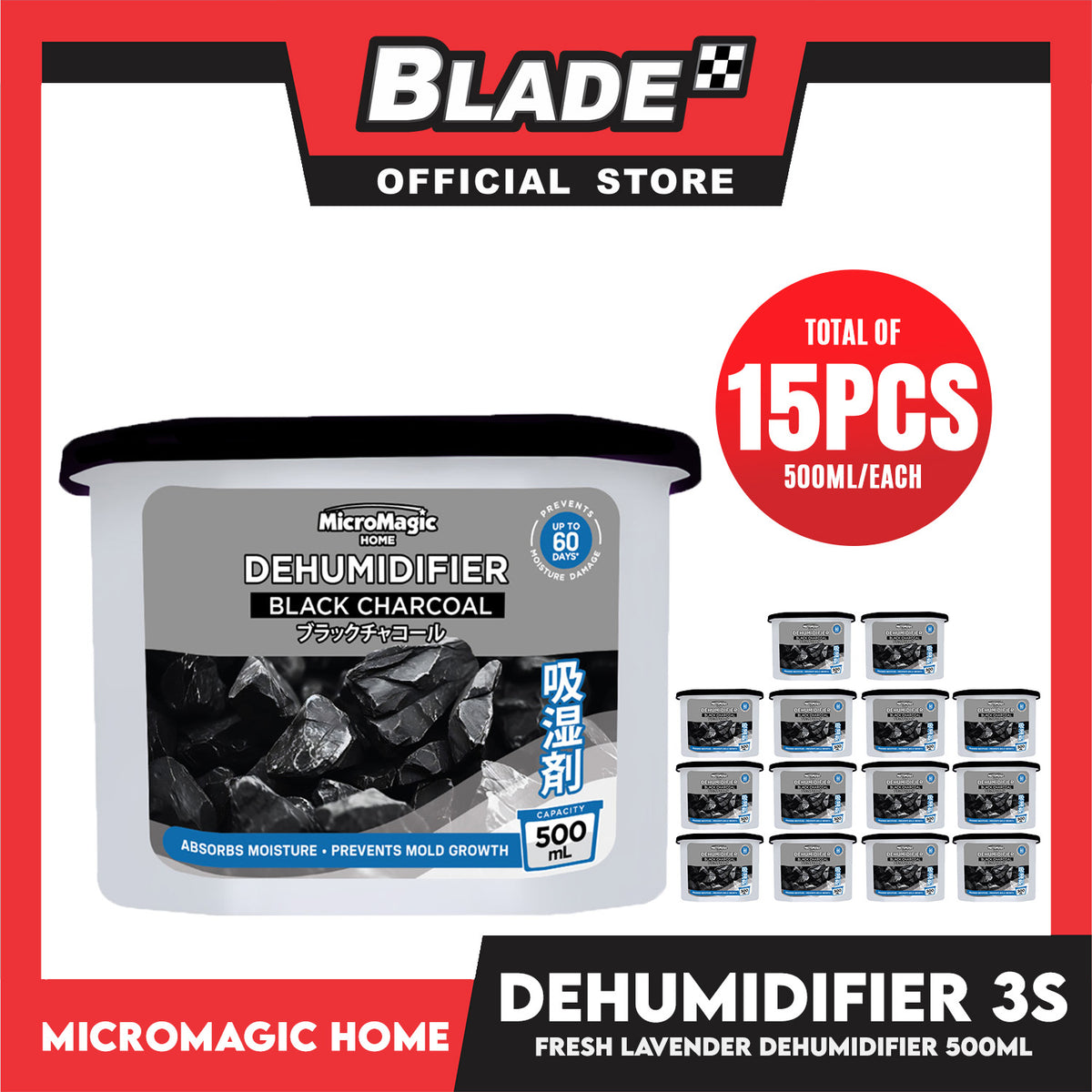 15pcs Micromagic Home Dehumidifier 500ml (Charcoal) Eliminates Musty Odor, Suitable For Your Car And Closets (Bundle Of 5)