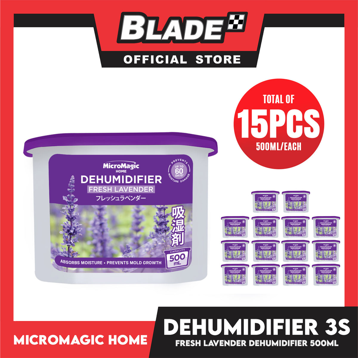 15pcs Micromagic Home Dehumidifier 500ml (Lavender) Eliminates Musty Odor, Suitable For Your Car And Closets (Bundle Of 5)