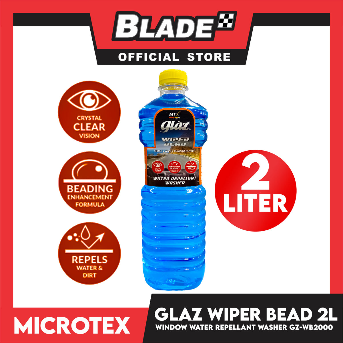 Microtex Glaz Wiper Bead GZ-WB2000 Water Repellant Washer 2Liter Spray, Wipe, Bead Instantly