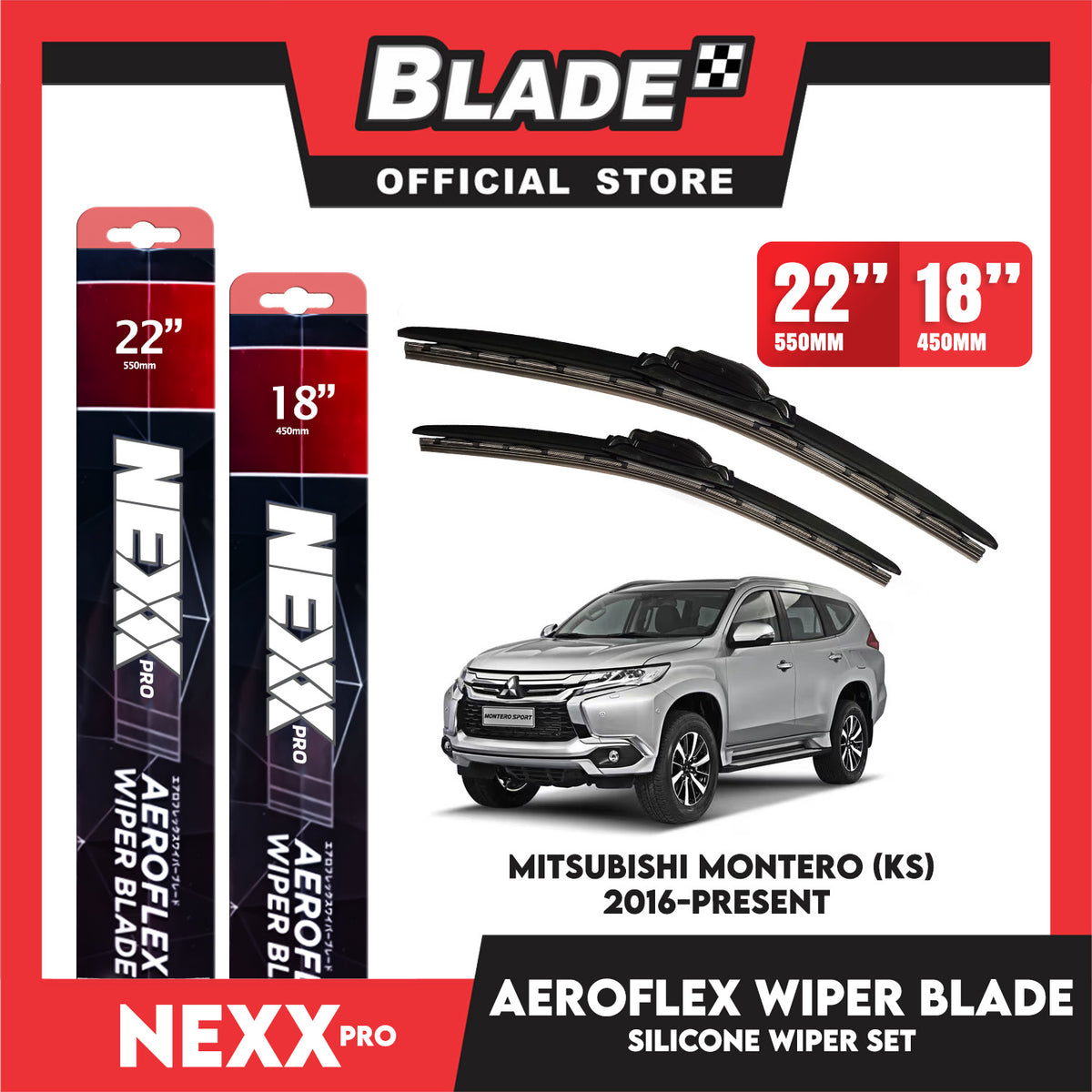 Nexx Pro Aeroflex Silicone Wiper Blade Set for Mitsubishi Montero (KS) 2016-Present (22''/18'')