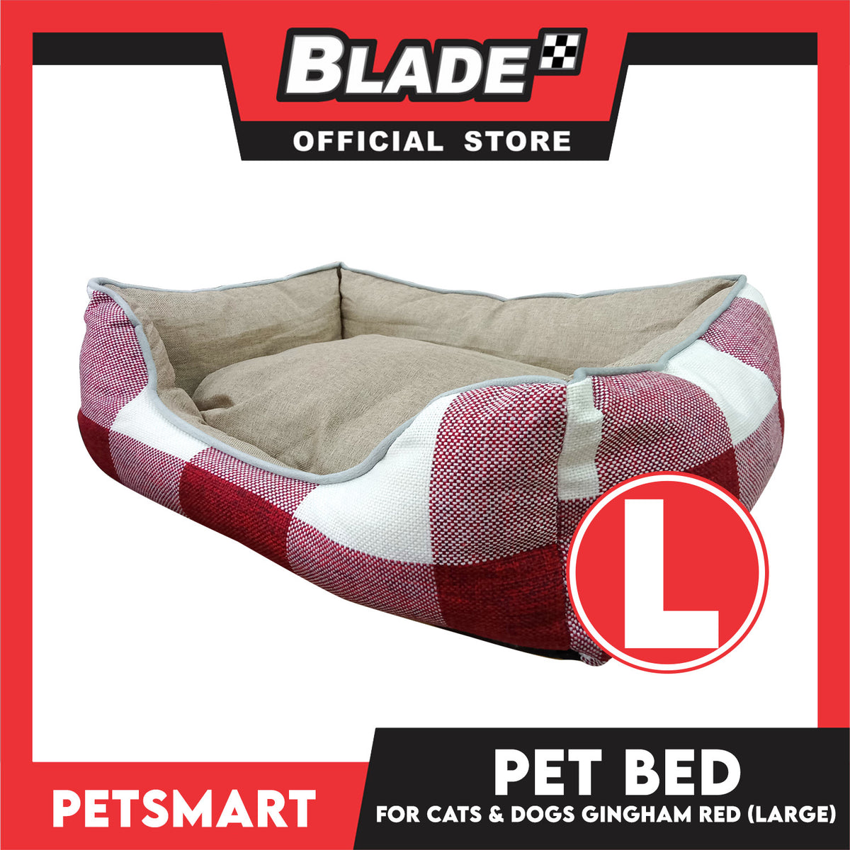 Pet Bed Cat Dog Bed Washable Gingham Red (Large) with removable cushion