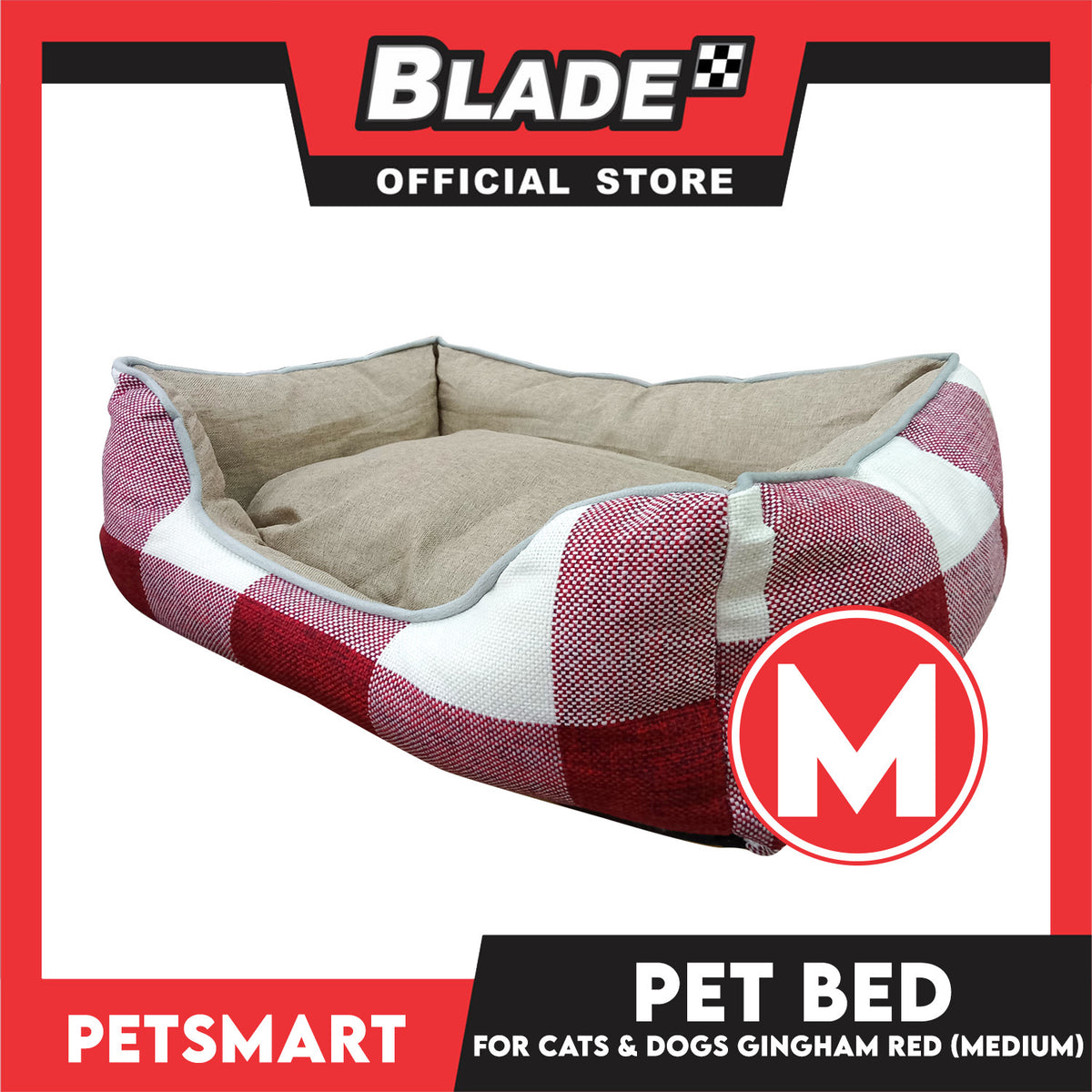 Pet Bed Cat Dog Bed Washable Gingham Red (Medium) with removable cushion