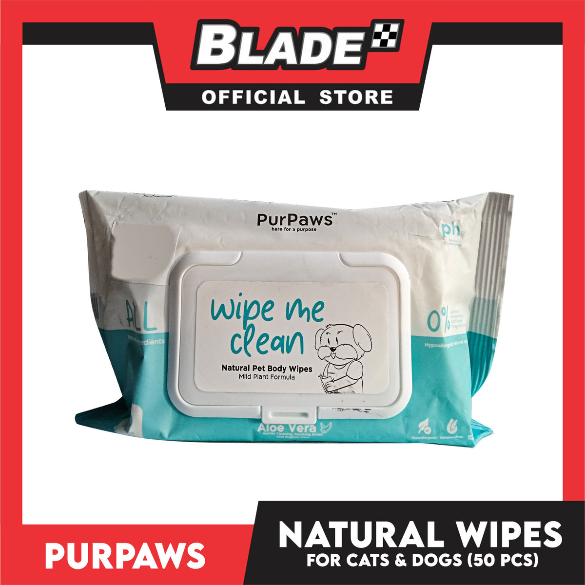Purpaws Hypoallergenic Body Pet Wipes (Aloe Vera) for dogs and cat 50 sheets