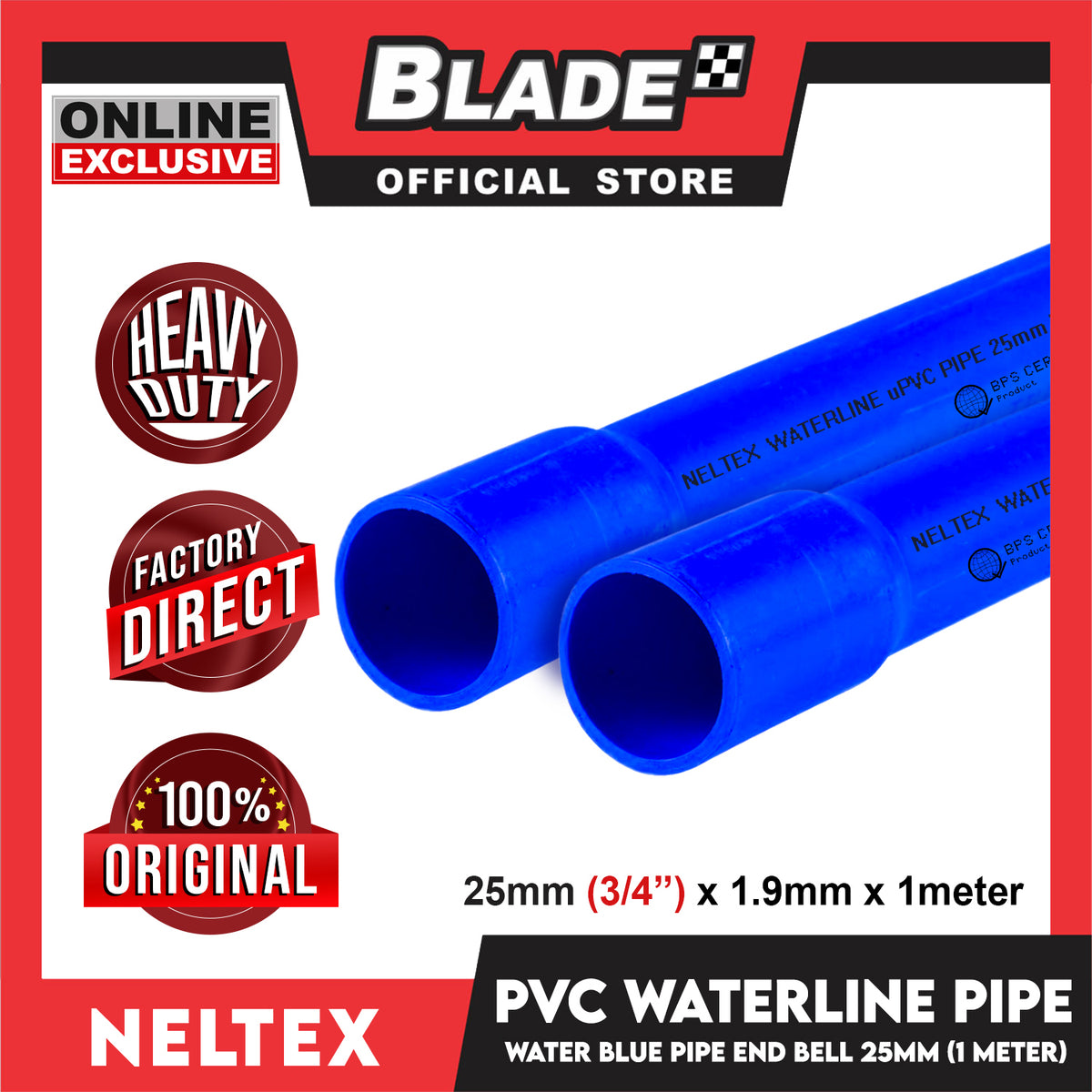 Neltex PVC Waterline Pipe (Blue) 25mm x 1meter with Bell Blue Pipe