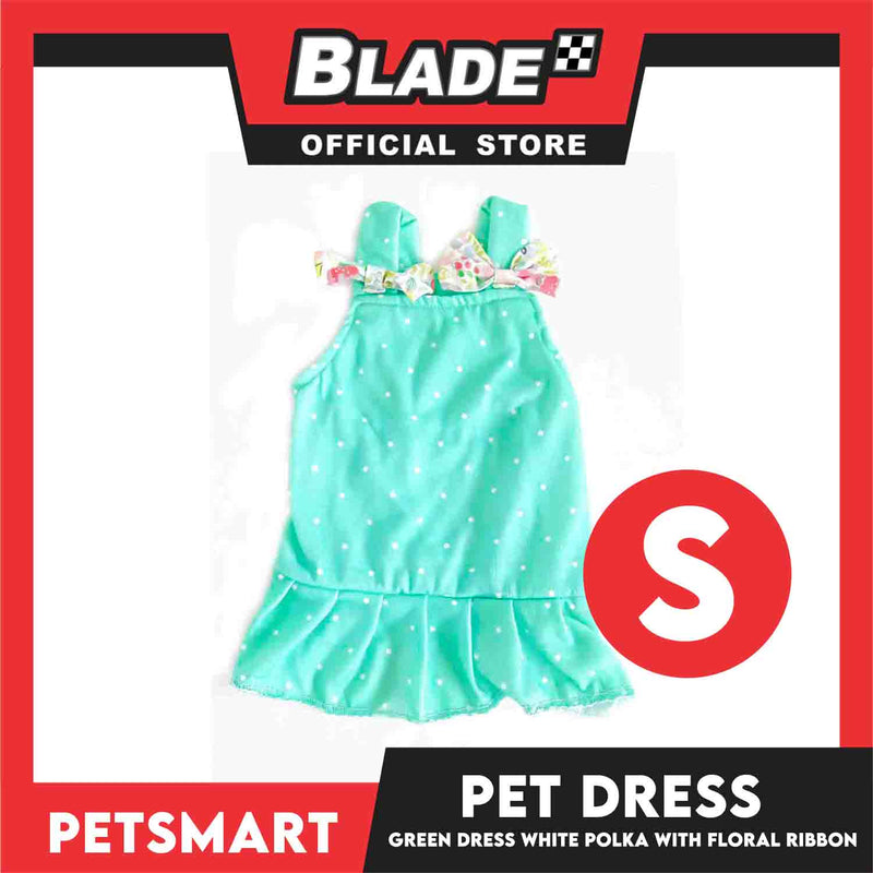 Pet Dress Clothes, Green White Polka With White Floral Ribbon (small)