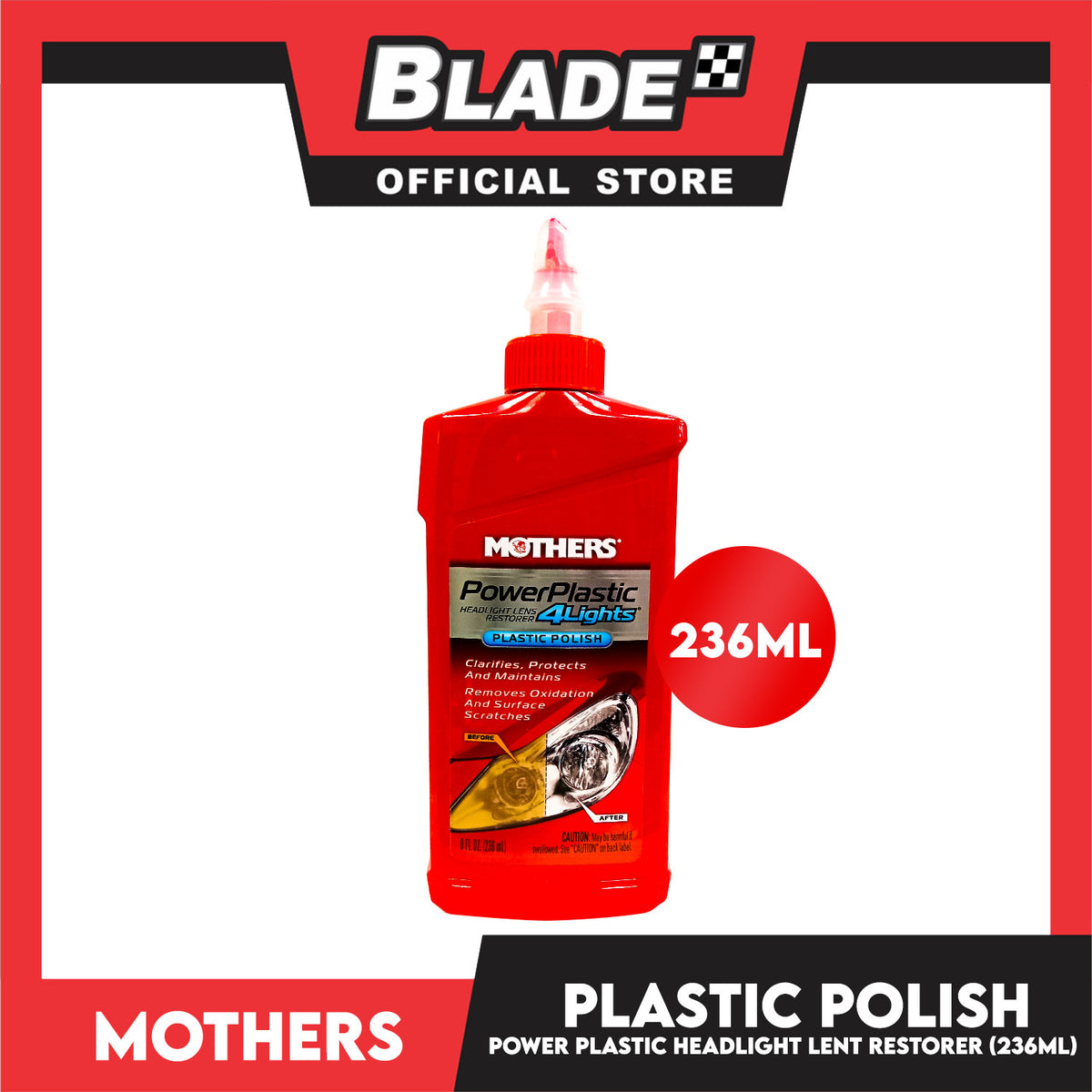 Mothers Power Plastic 4 Lights Plastic Polish 8 fl. oz Headlight Lens Restorer, Clarifies, Protects And Maintains, Removes Oxidation And Surface Scratches Car Plastic Polish