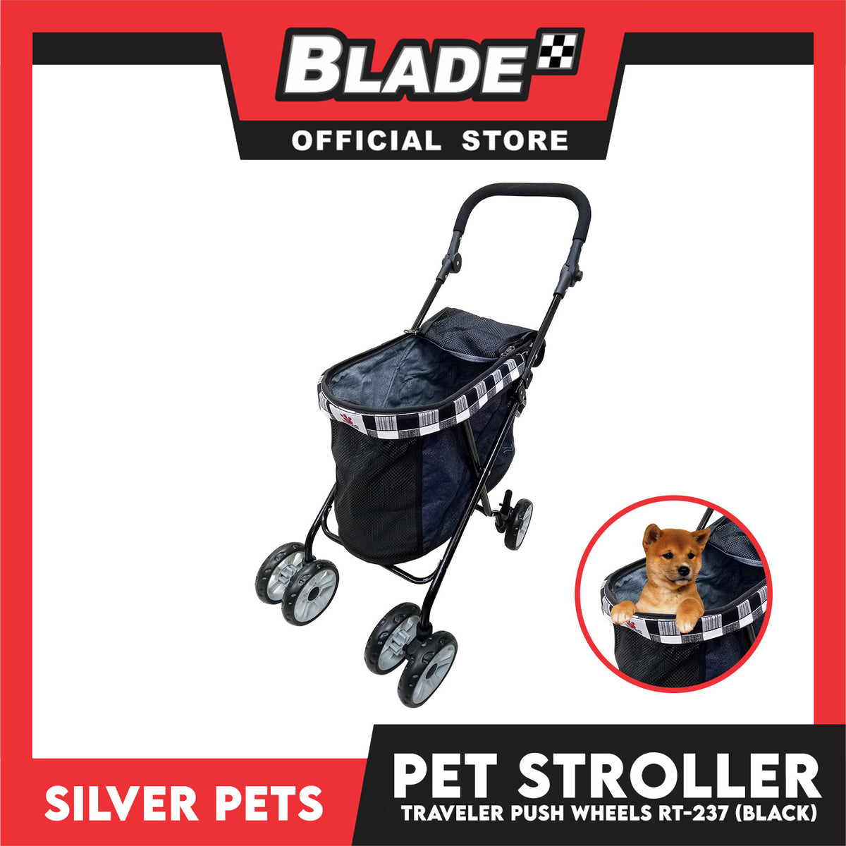 Silver Pet Travel Push Pet Stroller 4 Wheels for Cats and Dogs, Black Color RT-237