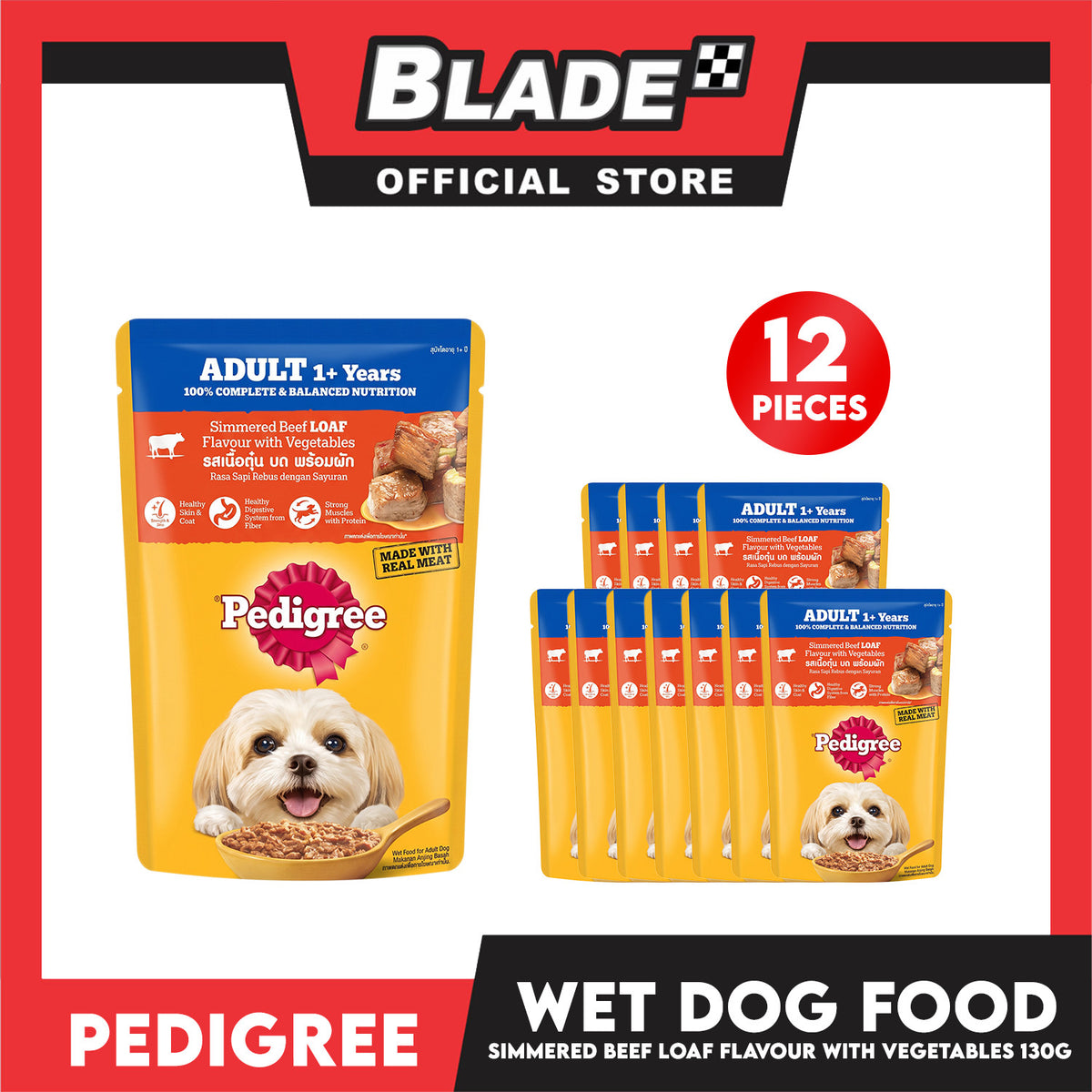 12pcs Pedigree Simmered Beef Loaf Flavour with Vegetables 130g Dog Wet Food
