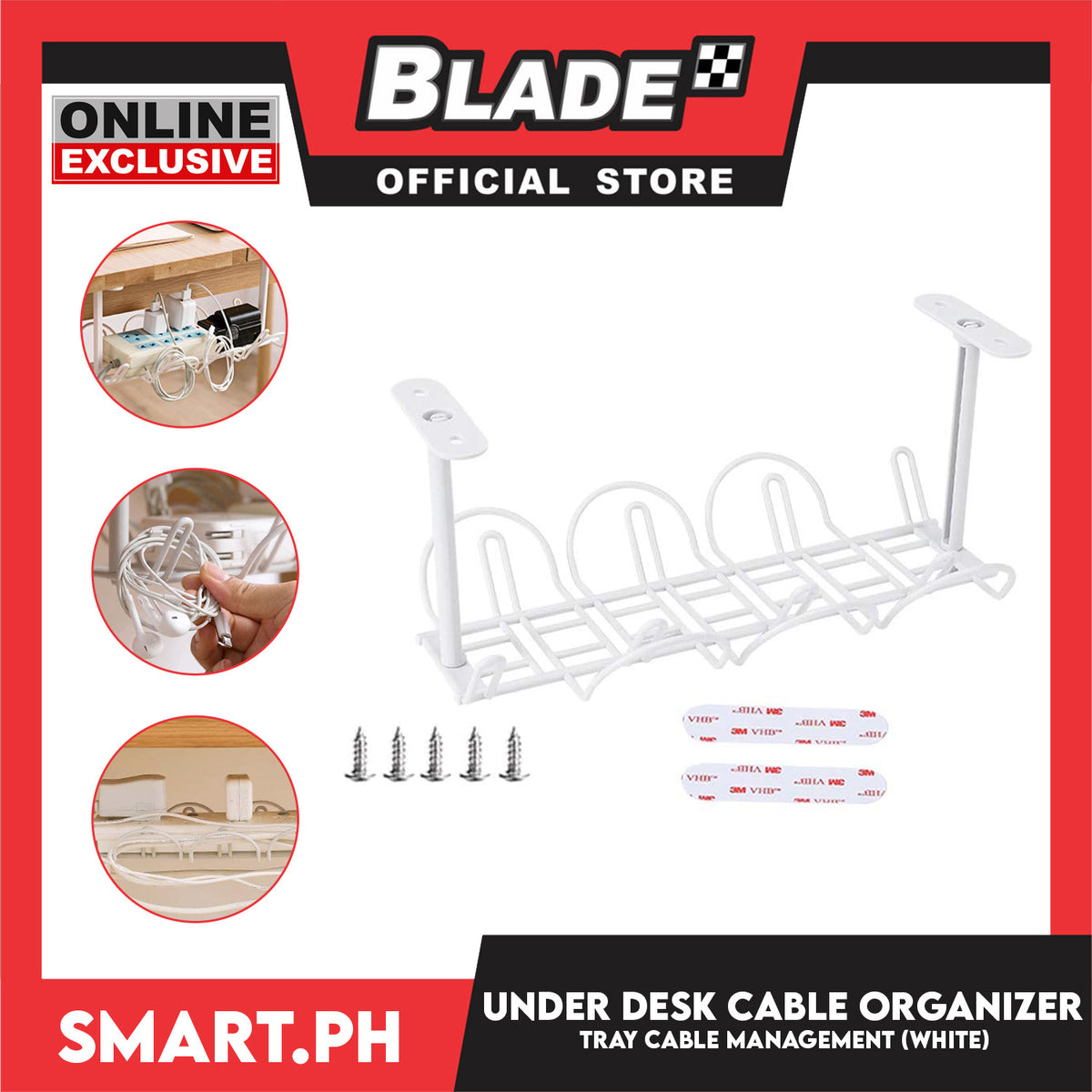 Under Desk Cable Wire Organizer and Extension Management (White)