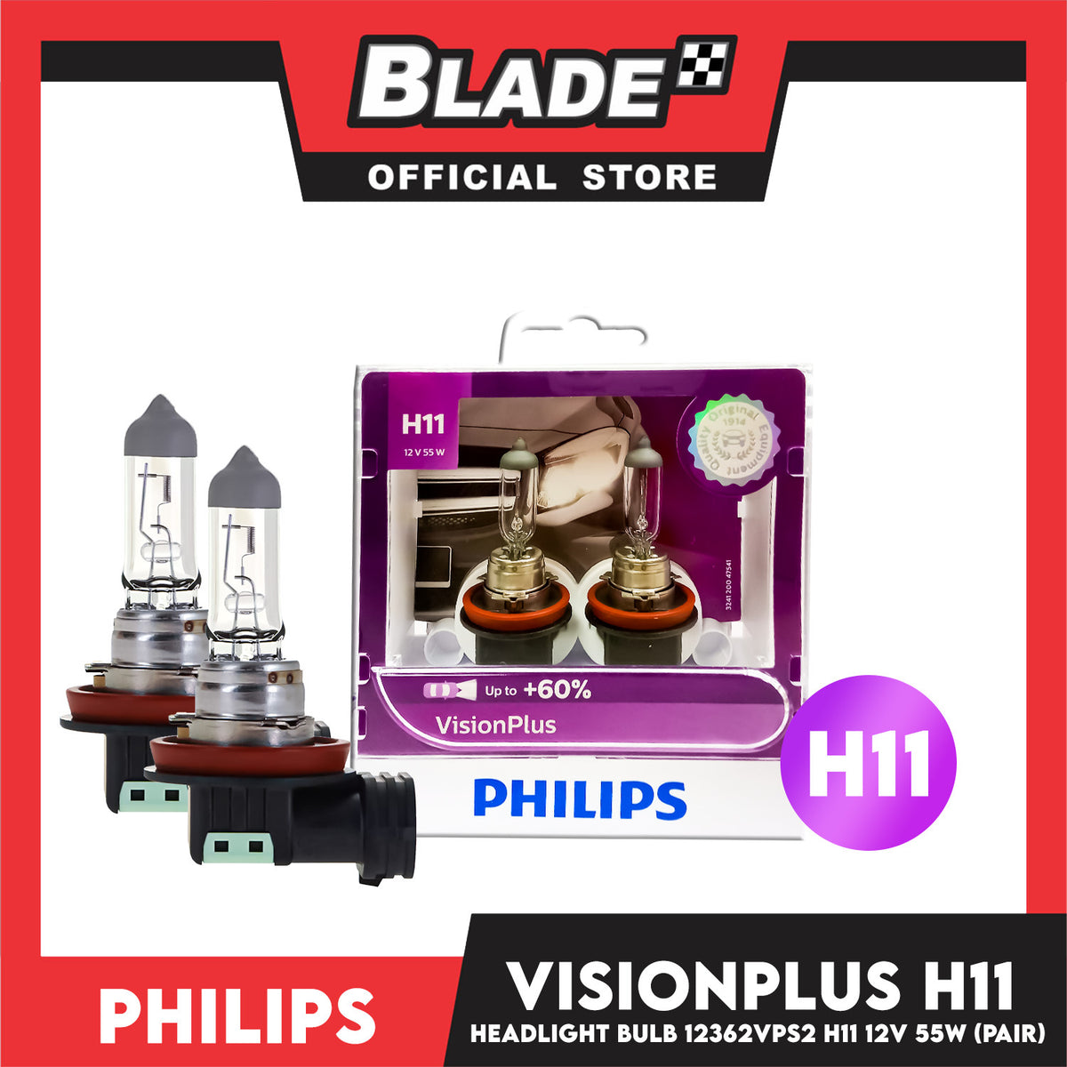 Philips Vision Plus H11 12V 55W 12362VPS2 Car Headlight