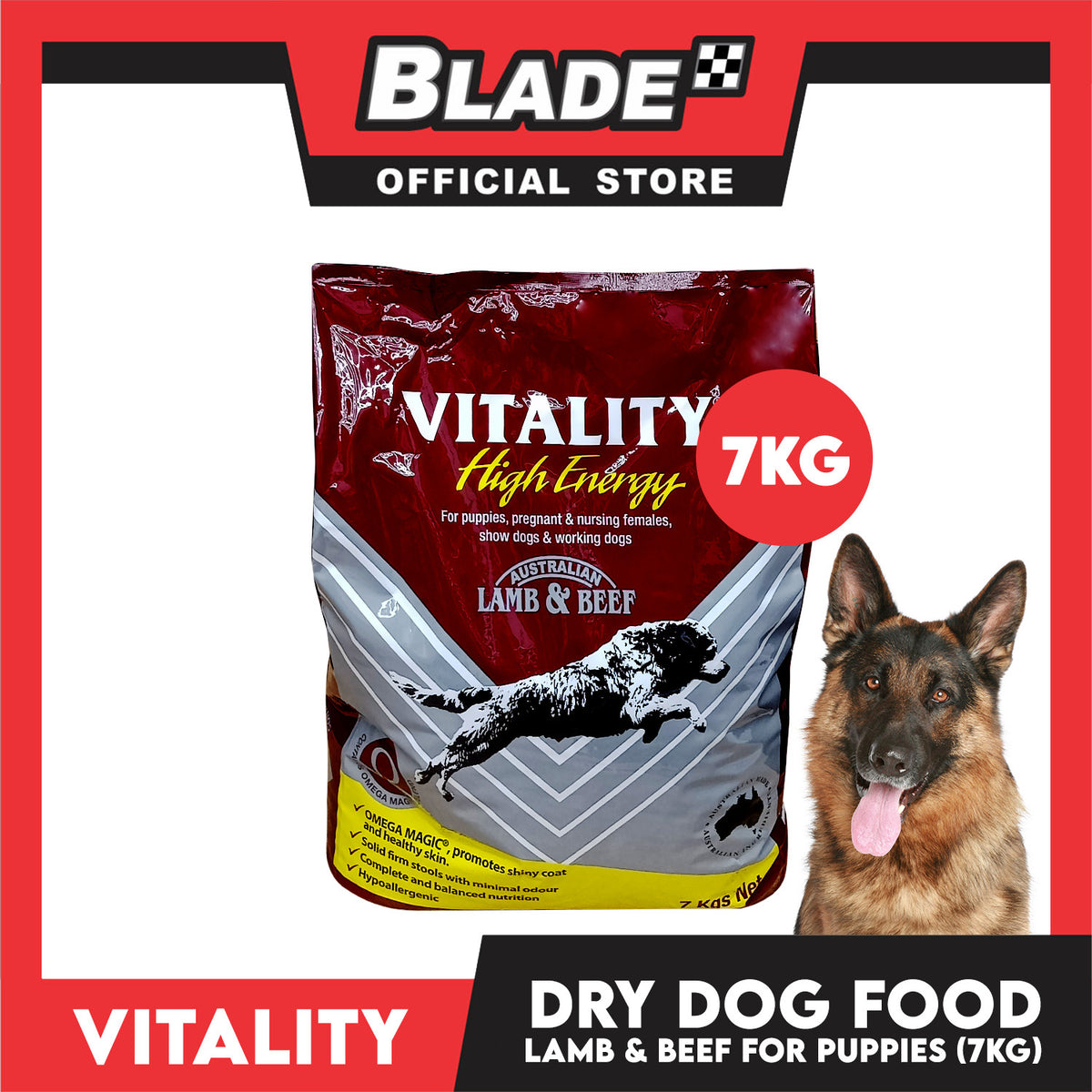 Vitality High Energy Dry Dog Food 7kg For Puppies, Pregnant And Nursing Females (Lamb And Beef)