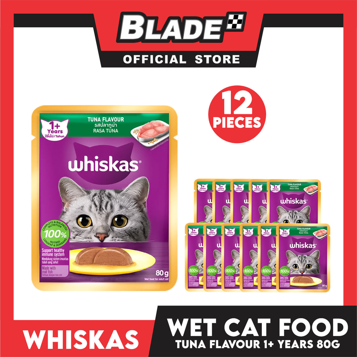12pcs Whiskas Tuna Pouch Wet Cat Food 80g Tuna Flavour
