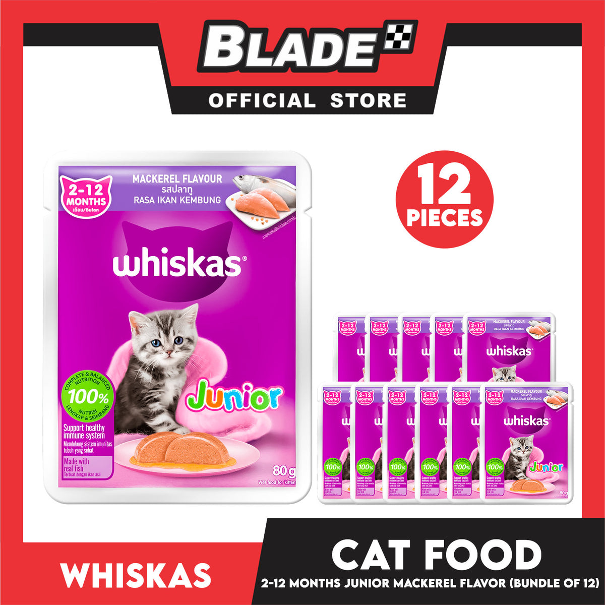 12pcs Whiskas Junior Mackerel Pouch Wet Cat Food 80g