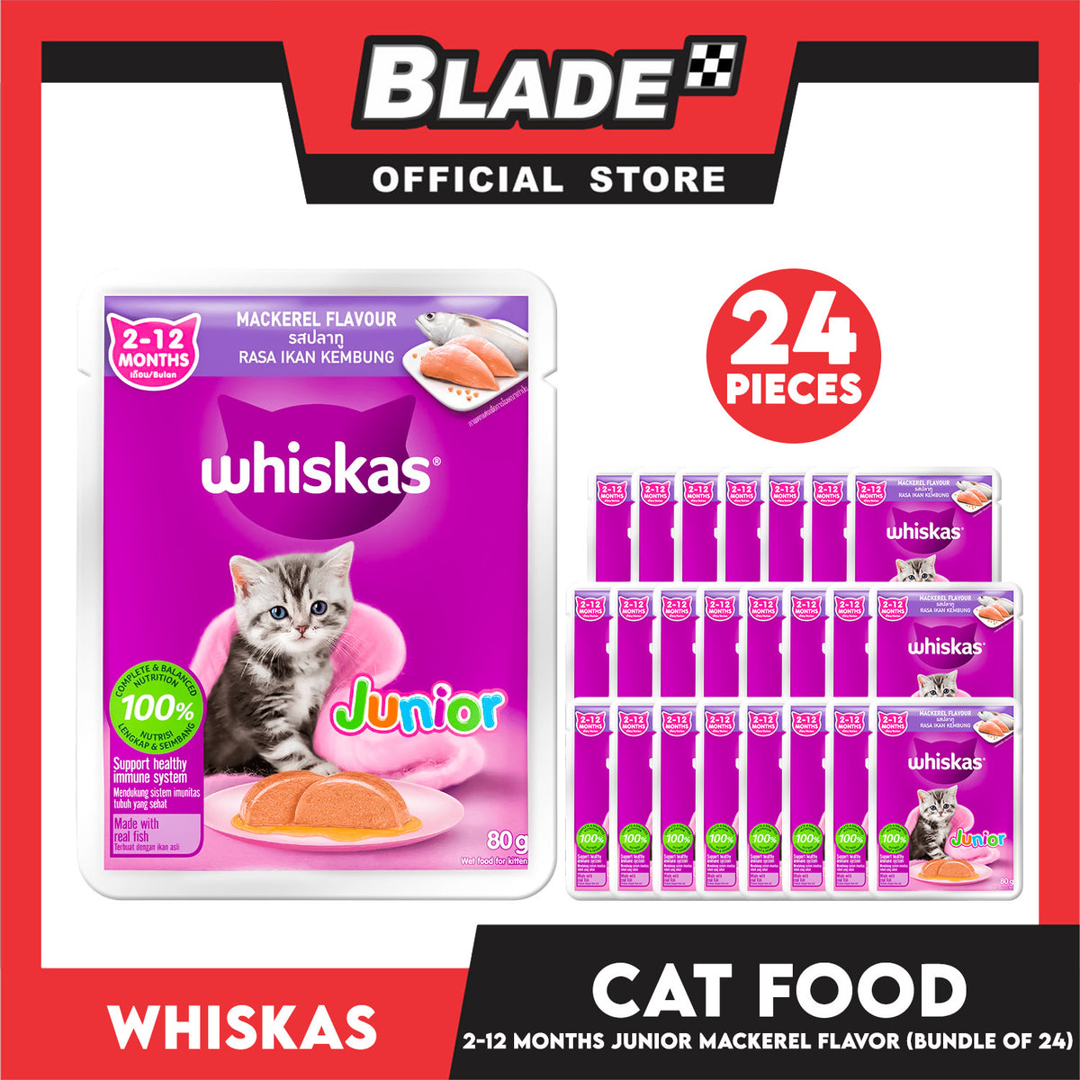 24pcs Whiskas Junior Mackerel Pouch Wet Cat Food 80g