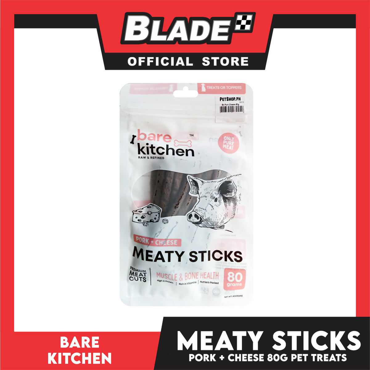 Bare Kitchen Meaty Sticks (Pork + Cheese) Premium Meat Cuts Pet Treats 80g