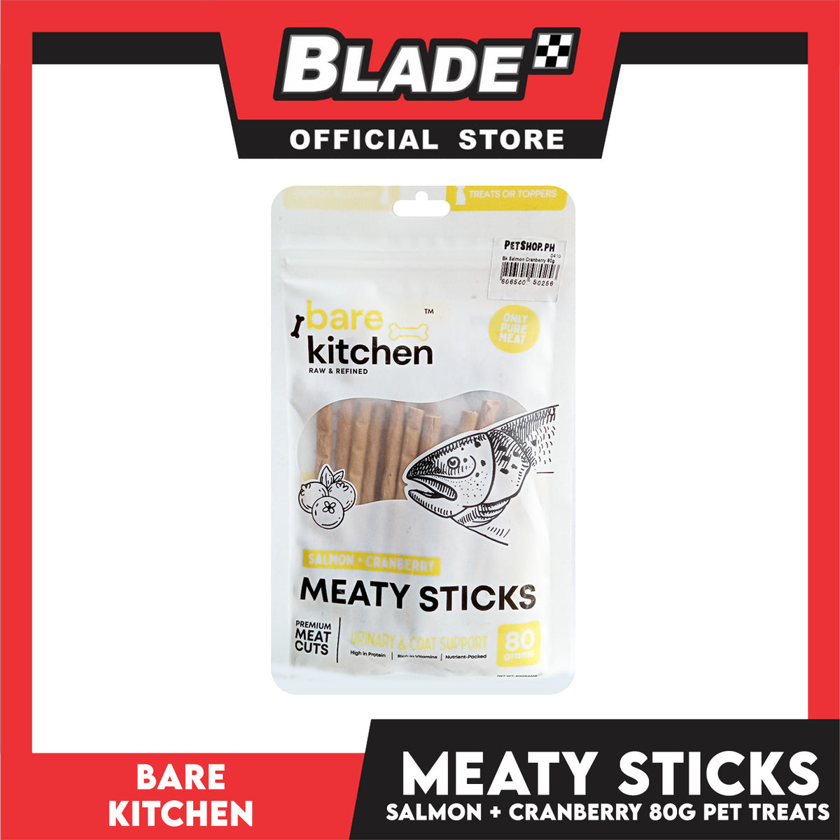 Bare Kitchen Meaty Sticks (Salmon + Cranberry) Premium Meat Cuts Pet Treats 80g
