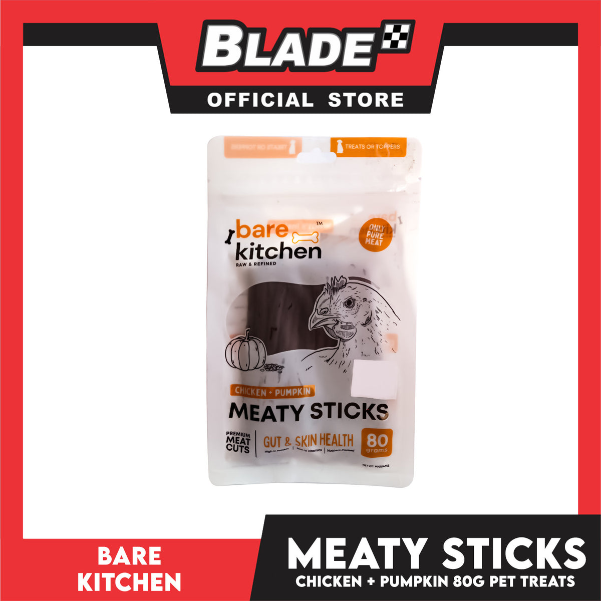 Bare Kitchen Meaty Sticks (Chicken + Pumpkin) Premium Meat Cuts Pet Treats 80g