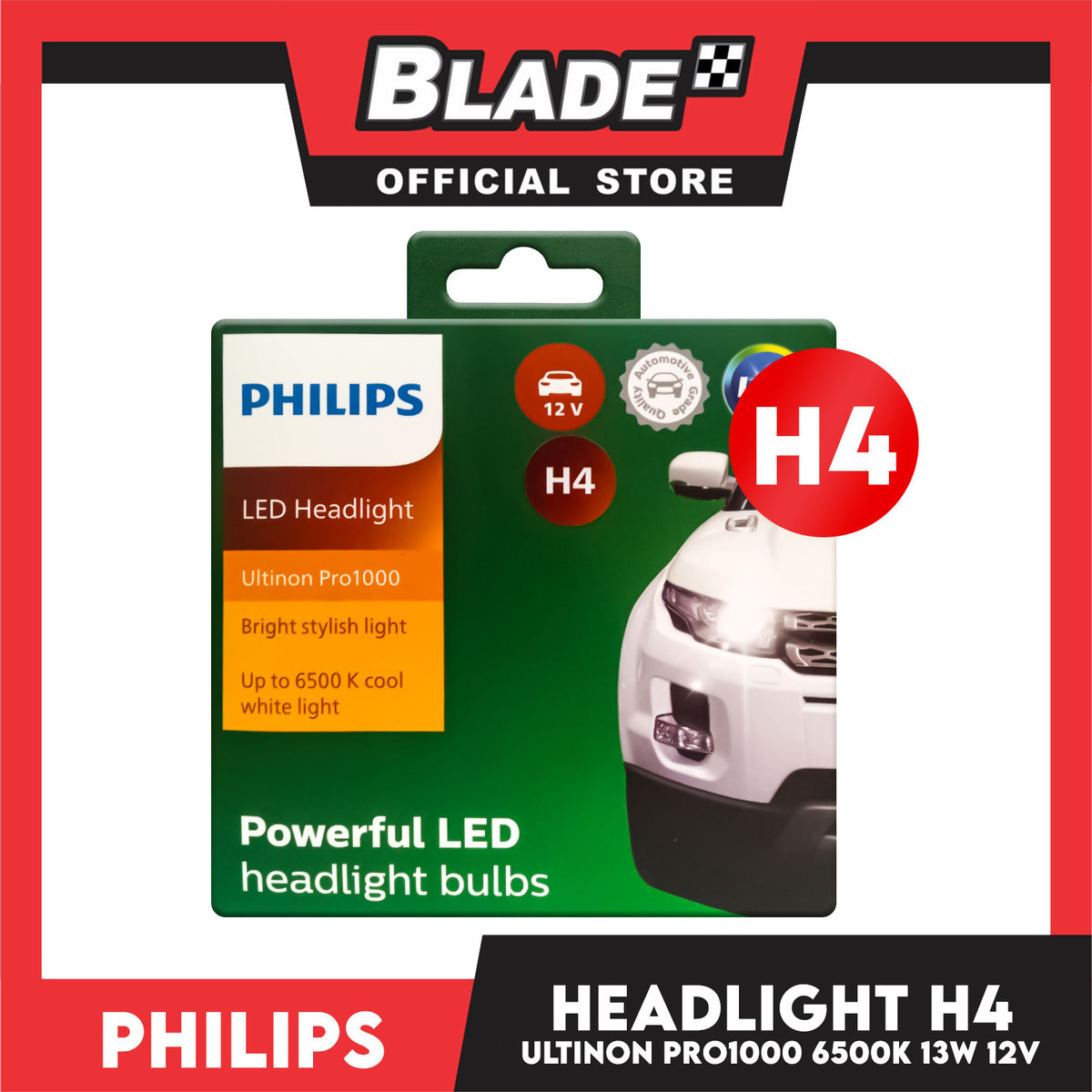 Philips Led Headlight Bulb Ultinon Pro1000 LED-HL H4 Bright Stylish Light, Up To 6500 K Cool White Light, Car Headlight