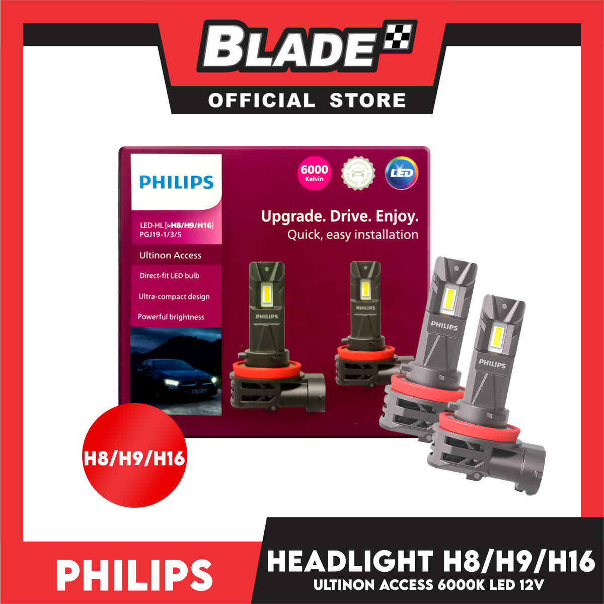 Philips Led-HL H8/H9/H16 Ultinon Acces LUM11366U2500X2 Car Headlights Bulb