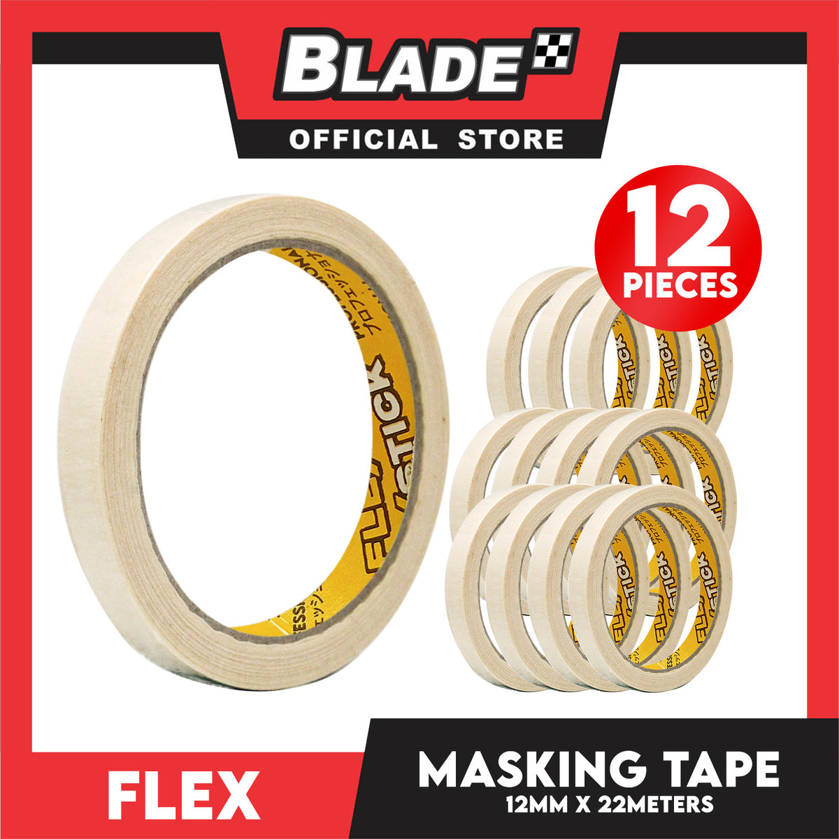 12pcs Flex Stick Masking Tape 12mm x 22meters (Beige) General Purpose for Home and Office use