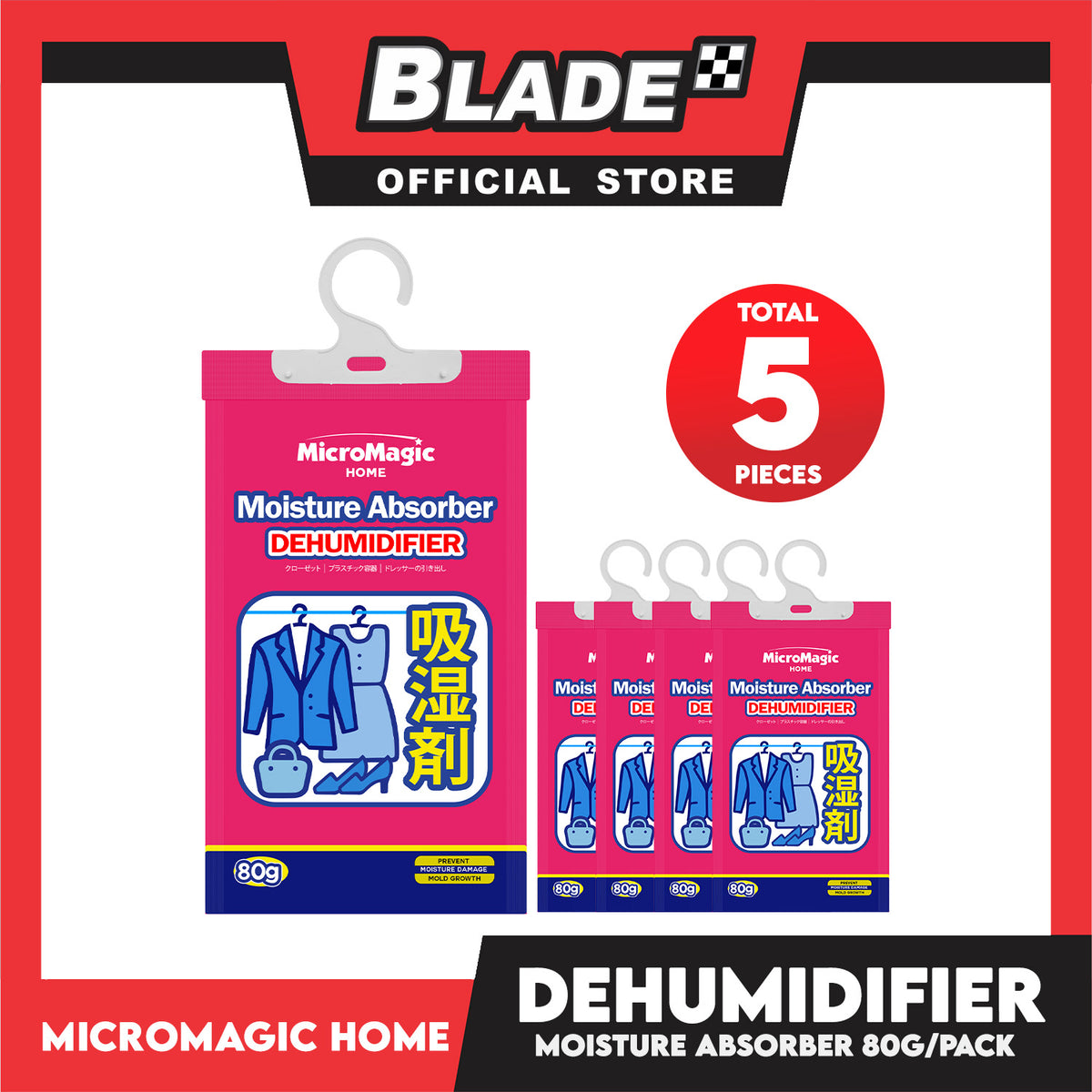 Micromagic Home Hanging Dehumidifier Moisture Absorber (5pcs) 80g/Sachet prevents moisture damage and mold growth