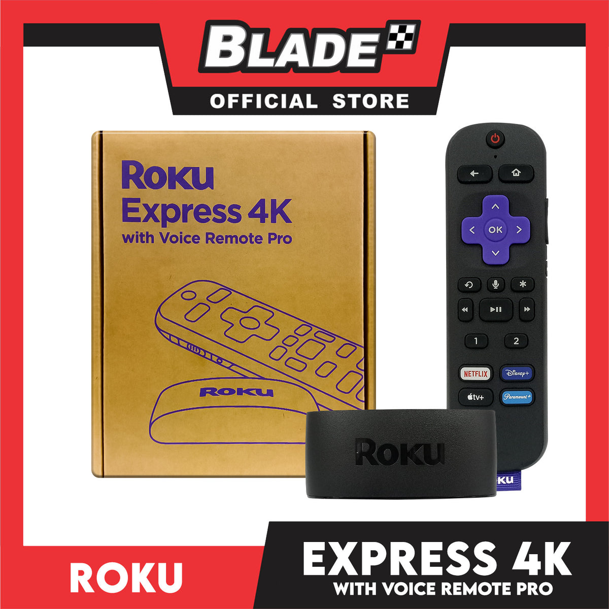 Roku Express 4K with Voice Remote Pro - Roku Streaming Device 4K/HDR, Rechargeable Roku Remote, Hands-Free Controls, Lost Remote Finder, Free &amp; Live TV