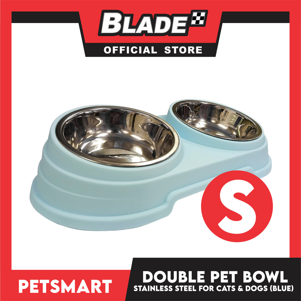 Pet Double Bowl Stainless Steel for Cats and Dogs, Blue Color (Small)
