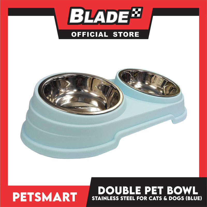 Pet Double Bowl Stainless Steel for Cats and Dogs, Blue Color
